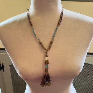Gold tone metal/brown/turquoise colored beaded necklace. Listing #7267